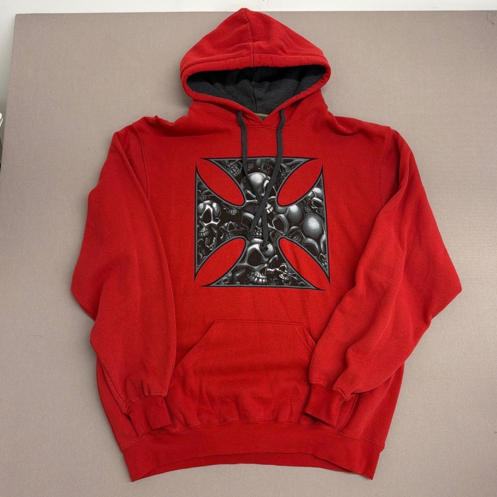 ODM Premium Goods Mens Red Skull Iron Cross Graphic Hoodie Sweatshirt 2XL